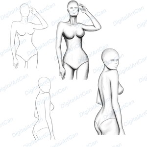 May include: Four pencil sketches of female figures in various poses. Each figure is drawn in a simple, realistic style, with no facial features or clothing details.