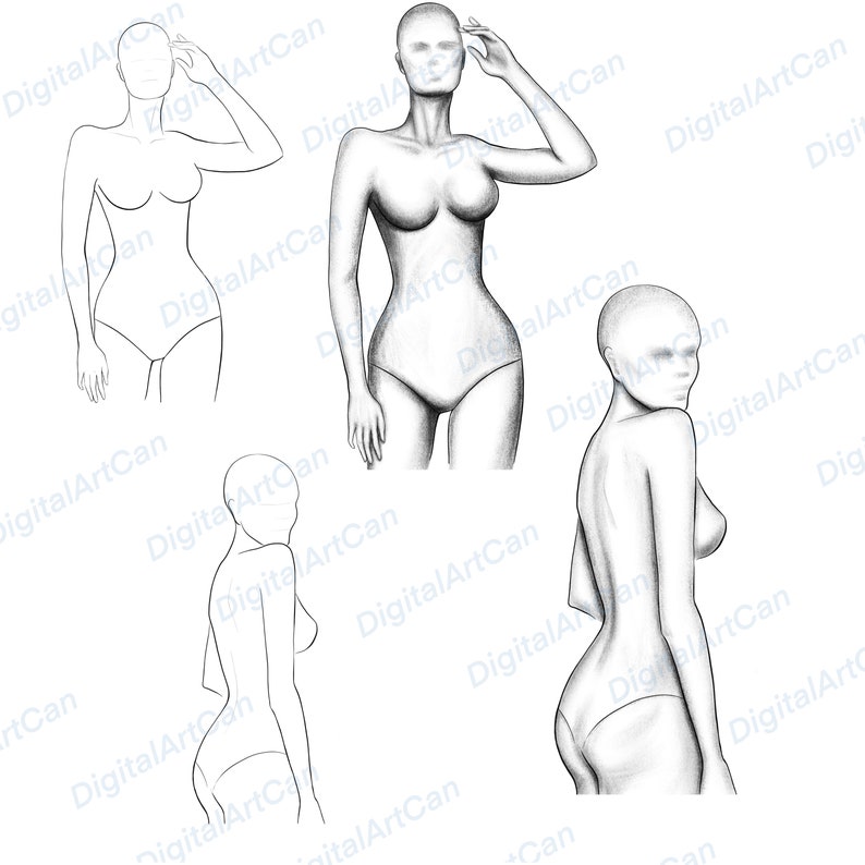 May include: Four pencil sketches of female figures in various poses. Each figure is drawn in a simple, realistic style, with no facial features or clothing details.