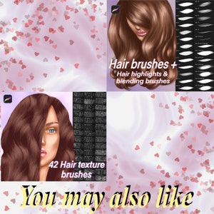 K&ouml;nnte beinhalten: Ein Satz von 42 digitalen Haartexturb&uuml;rsten f&uuml;r die Verwendung in digitalen Kunstprogrammen. Die B&uuml;rsten werden auf einem schwarzen Hintergrund angezeigt. Das Bild zeigt auch eine Frau mit langen braunen Haaren und einen Satz Haarpinsel und Highlights.