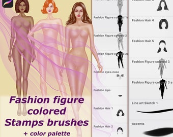 Fashion Figure template Procreate Stamp Brushes, colored stamp brushes Procreate with color palette, Procreate fashion illustration & design