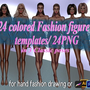 24 Fashion Figures template png, Full Body Model female Figures colored Dark skin tone, Fashion models templates, 3 Classic Poses, 24 png