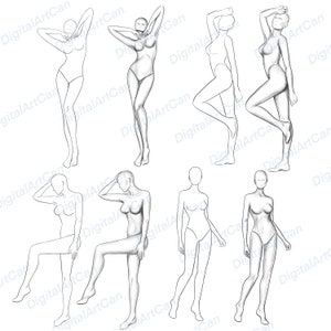 May include: A set of eight line drawings of female figures in various poses. The figures are all drawn in a simple, minimalist style, with no details of clothing or facial features.