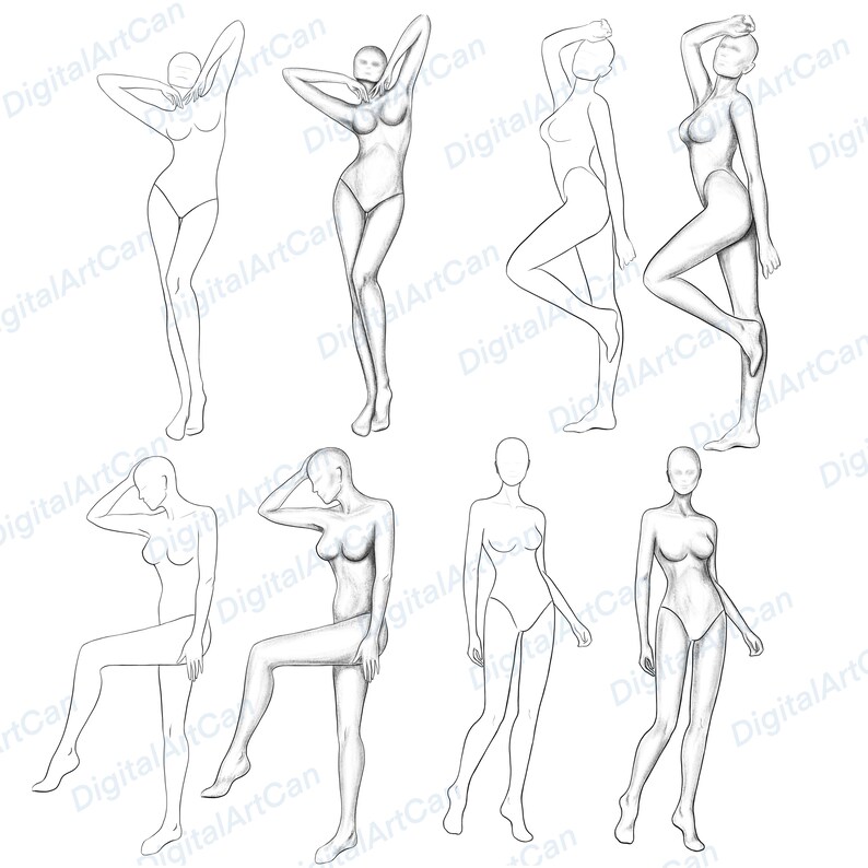 May include: A set of eight line drawings of female figures in various poses. The figures are all drawn in a simple, minimalist style, with no details of clothing or facial features.
