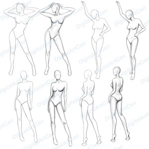 May include: A set of eight black and white line drawings of female figures in various poses. The figures are drawn in a simple style, with no details of clothing or facial features.