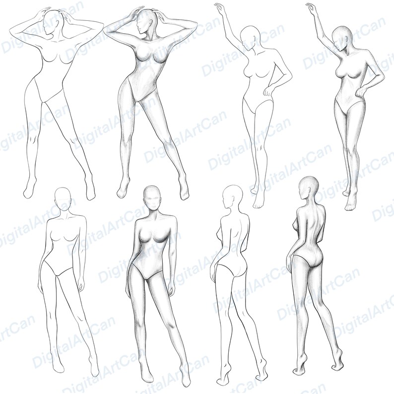 May include: A set of eight black and white line drawings of female figures in various poses. The figures are drawn in a simple style, with no details of clothing or facial features.
