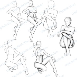 May include: A set of six line drawings of people in various sitting poses. The drawings are in black and white and are on a white background.