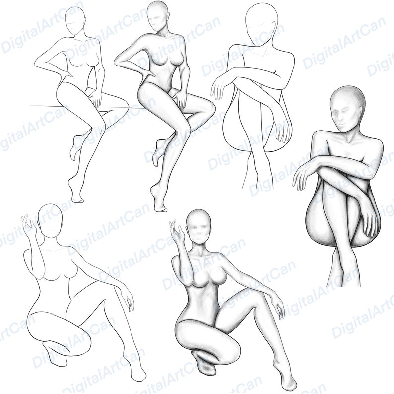May include: A set of six line drawings of people in various sitting poses. The drawings are in black and white and are on a white background.