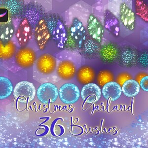 May include: A set of 36 digital brushes for creating a Christmas garland with sparkling lights. The brushes are designed to create a festive and whimsical look.
