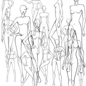 K&ouml;nnte beinhalten: Eine Schwarzwei&szlig;-Zeichnung mit mehreren Modefiguren in verschiedenen Posen. Die Figuren stehen alle und sind in einem einfachen, minimalistischen Stil gezeichnet.
