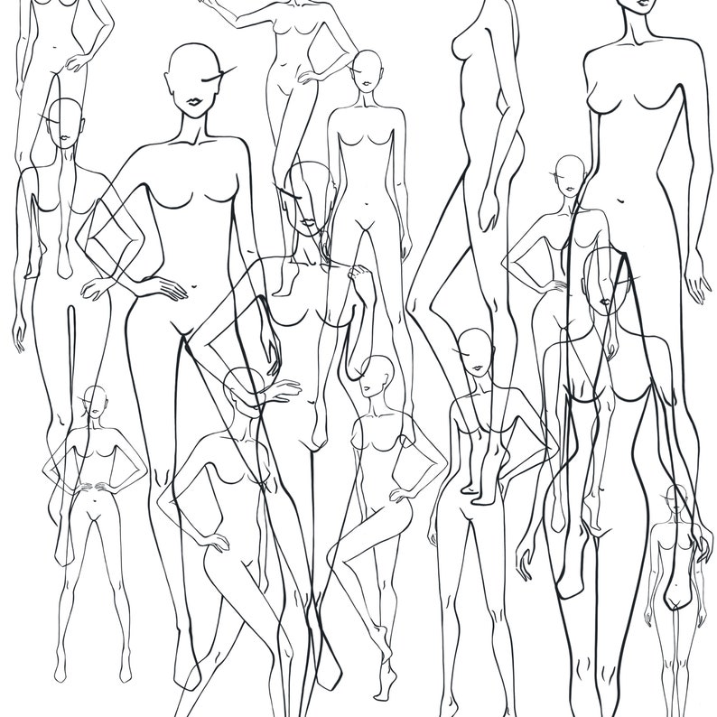 K&ouml;nnte beinhalten: Eine Schwarzwei&szlig;-Zeichnung mit mehreren Modefiguren in verschiedenen Posen. Die Figuren stehen alle und sind in einem einfachen, minimalistischen Stil gezeichnet.