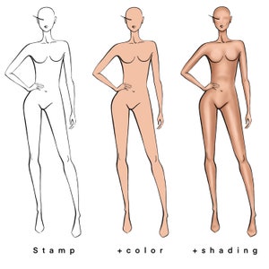 K&ouml;nnte beinhalten: Eine Strichzeichnung einer weiblichen Figur in drei Stufen: eine schwarze Umrandung, eine nackte Umrandung mit Hautton und eine nackte Umrandung mit Schattierung. Die Figur steht mit einer Hand auf der H&uuml;fte und der anderen an der Seite.