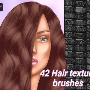 Pode incluir: Uma ilustração digital de uma mulher com cabelo longo e castanho cobrindo parte do rosto. A imagem inclui uma coleção de 42 texturas de cabelo diferentes, rotuladas como "42 Hair texture brushes".
