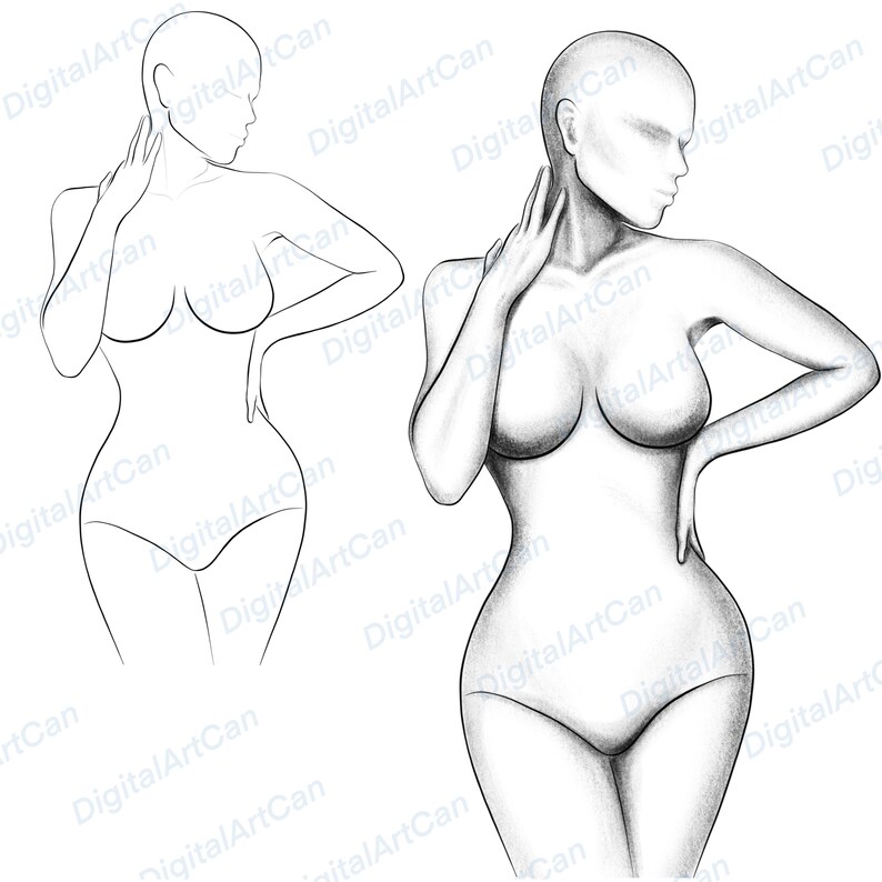 May include: Line drawing of two female figures in various poses. The figures are drawn in a simple style with no details.