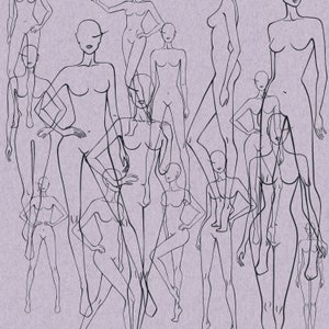 K&ouml;nnte beinhalten: Eine Schwarzwei&szlig;-Linienzeichnung von mehreren Modefiguren in verschiedenen Posen. Die Figuren sind alle weiblich und in einem einfachen, minimalistischen Stil gezeichnet.