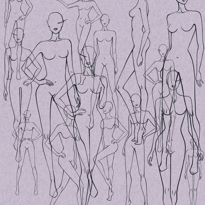 K&ouml;nnte beinhalten: Eine Schwarzwei&szlig;-Linienzeichnung von mehreren Modefiguren in verschiedenen Posen. Die Figuren sind alle weiblich und in einem einfachen, minimalistischen Stil gezeichnet.