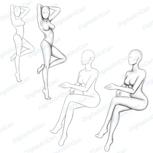 May include: A set of four line drawings of female figures in various poses. The figures are drawn in a simple style, with no details of clothing or facial features.