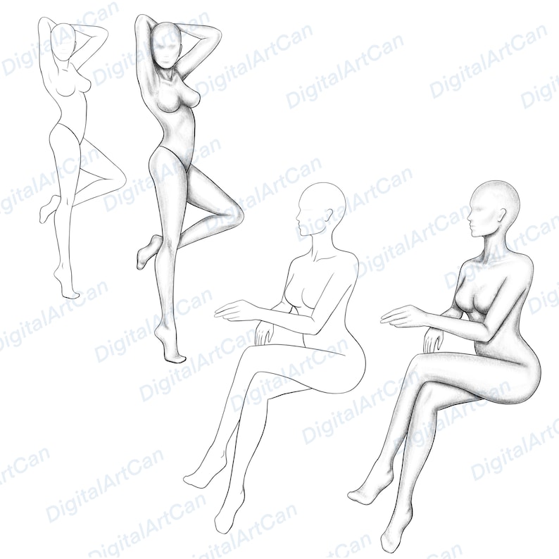 May include: A set of four line drawings of female figures in various poses. The figures are drawn in a simple style, with no details of clothing or facial features.