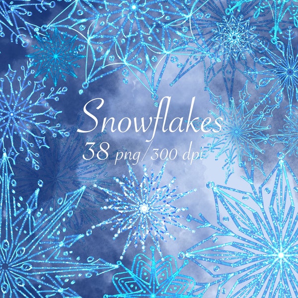 Snowflakes Christmas clipart, frozen snowflake png, Winter glitter digital clip art, New Year design elements, privat & commercial use