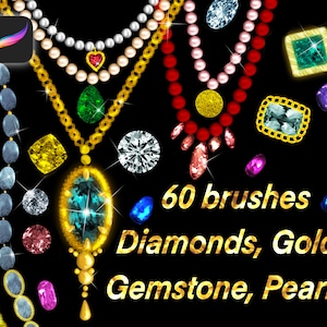 May include: A set of 60 digital brushes featuring diamonds, gold, gemstones, and pearls. The brushes are designed for digital art and illustration.