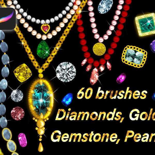 Procreate diamonds brushes, stamps; gemstone, pearls, gold  brushes for fashion illustration and jewelry design