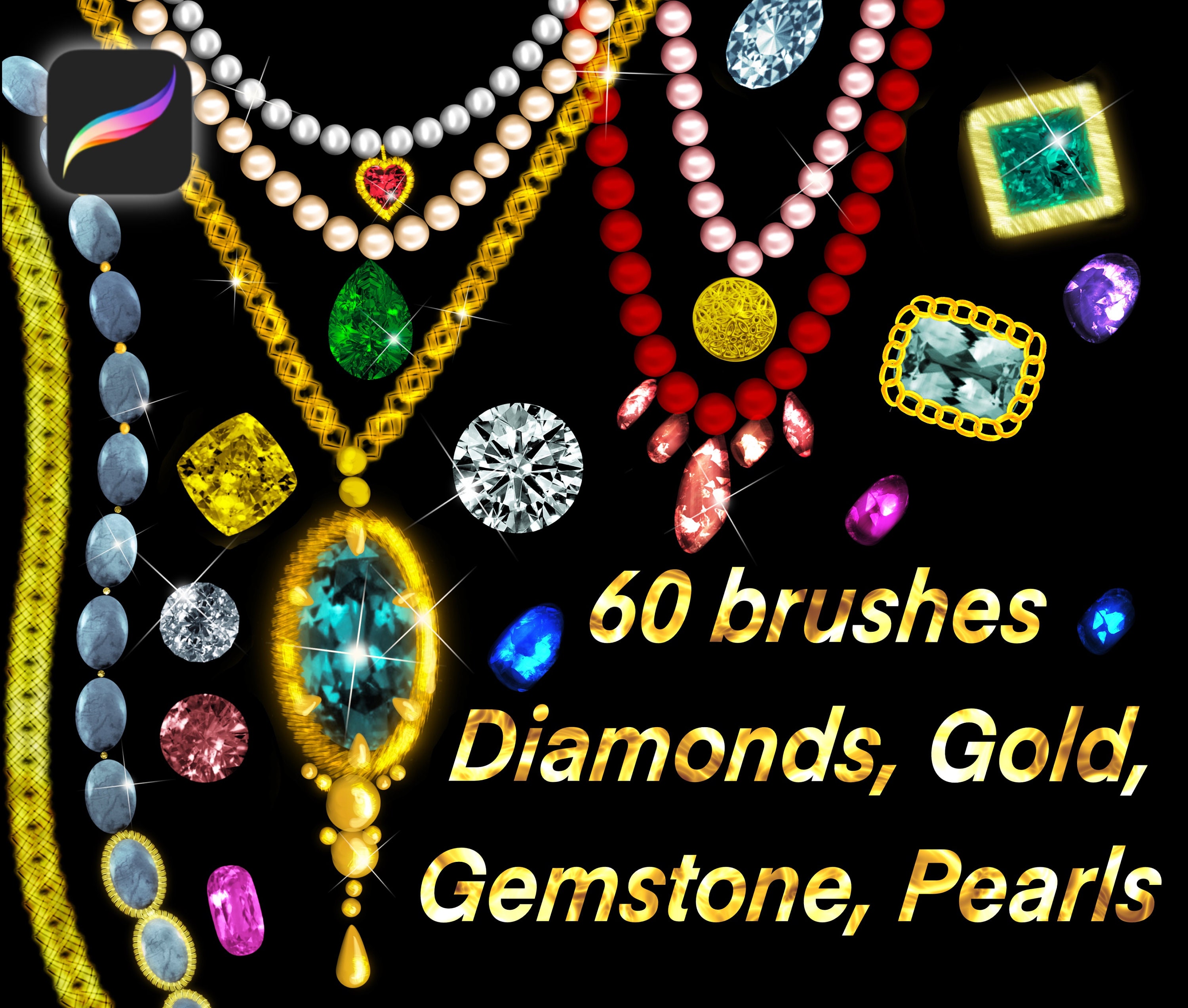 Procreate Jewelry Brushes & Stamps Set â Diamonds, Gemstones, Gold & Pearls for Fashion and Jewelry Design