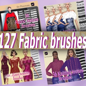 May include: A set of 127 digital fabric texture brushes for Procreate, including 36 fabric, 38 lace, and 36 knitting textures. The brushes are shown on a purple background with illustrations of women wearing clothing made with the different textures.