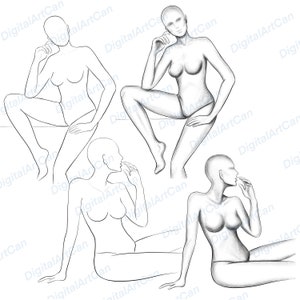 May include: Four black and white line drawings of female figures in different sitting poses. The figures are drawn in a simple style with minimal detail.