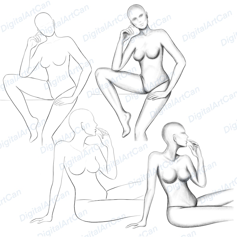 May include: Four black and white line drawings of female figures in different sitting poses. The figures are drawn in a simple style with minimal detail.