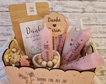 Abschiedsgeschenk Erzieherin, Erzieher, Tagesmutter, Betreuerin, Geschenkbox mit Kerzen, Tee und Herz, Danke Kita, Kindergarten Abschied,