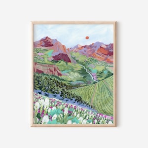 glacier national park, national park art, montana landscape, colorful mountains, travel art