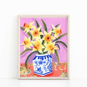 modern still life, maximalist decor, colorful still life, pink and red art, tiger art, year of the tiger, daffodil art, blue and white vase