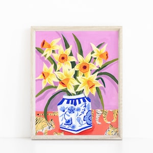 naturaleza muerta moderna, decoración maximalista, naturaleza muerta colorida, arte rosa y rojo, arte del tigre, año del tigre, arte del narciso, jarrón azul y blanco