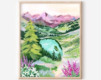 Arte del Parque Nacional North Cascades: Ilustración de un colorido paisaje de montaña.