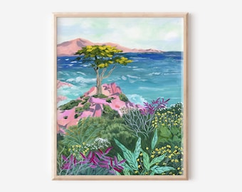 california beach art, monterey illustration, california travel art, colorful travel painting, cypress trees, california trees, pink painting