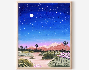 Lámina artística del Parque Nacional Joshua Tree: Pintura colorida al gouache