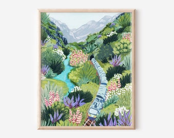 colorful travel art, train art, meadow art, meadow painting, colorful travel poster, valley art, valley painting, colorful mountain art