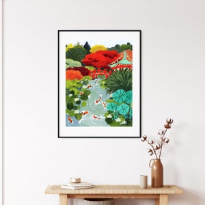 japanese garden art, colorful travel art, autumn art print, koi pond, autumn colors, japanese illustration, koi painting, fall foliage art image 2