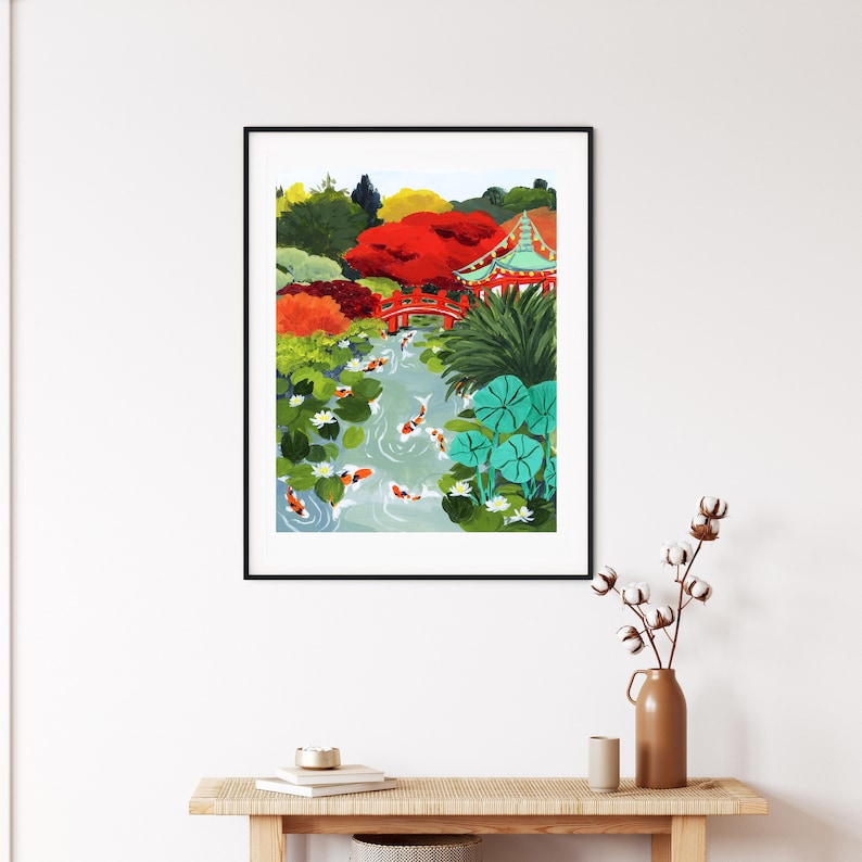 japanese garden art, colorful travel art, autumn art print, koi pond, autumn colors, japanese illustration, koi painting, fall foliage art image 2