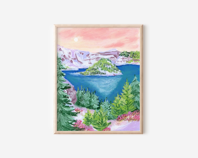 crater lake national park, national park art, travel illustration, oregon art, landscape painting, colorful art image 1