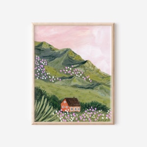 pittura di cabina, stampa artistica di cabina, arte di prato, pittura di prato, arte di viaggio colorata, illustrazione di prato, prato colorato, cielo rosa, arte rosa