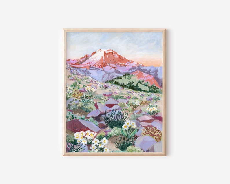 Mt. Rainier, national park art, mountain illustration, mountain sunrise, travel illustration, Mt. Rainier painting image 1