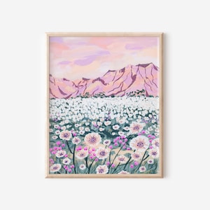 Pinke Wüste Kunstdruck, rosa Wüste, Anza Borrego State Park, super Blüte, Wüste von Kalifornien, weiße Blumen Illustration, bunt Reisekunst