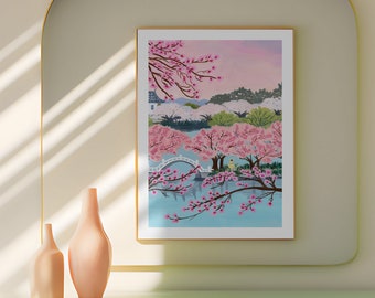 Cherry Blossom Art Print: Korea Bike Ride Gouache Painting - Etsy