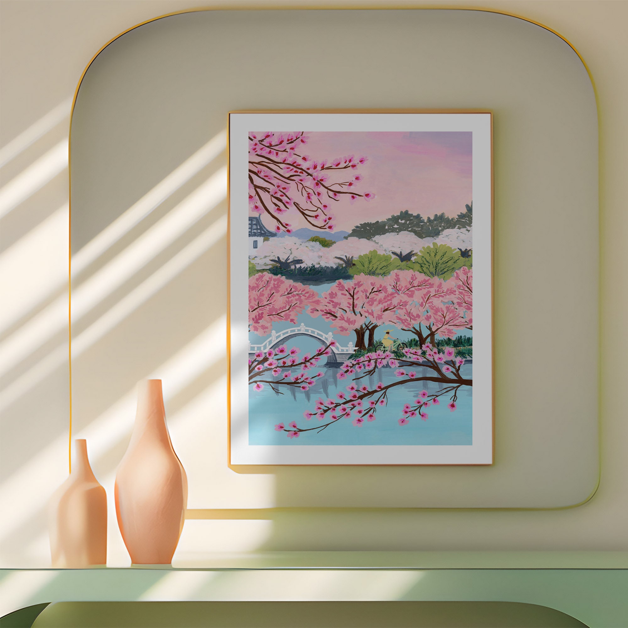 油絵 油彩 絵 絵画【Çherry blossom road】 Cherry Blossom Art Print: Korea Bike Ride Gouache Painting - Etsy