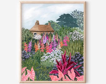 Cottage Garden Art Print: Lush Floral Gouache Painting