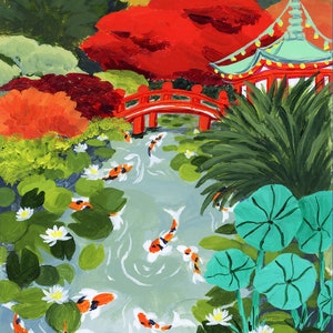 japanese garden art, colorful travel art, autumn art print, koi pond, autumn colors, japanese illustration, koi painting, fall foliage art image 3