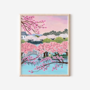 cherry blossom art, cherry blossom painting, colorful travel art, korea art, bike art, bike riding art, south korea art, colorful vacation