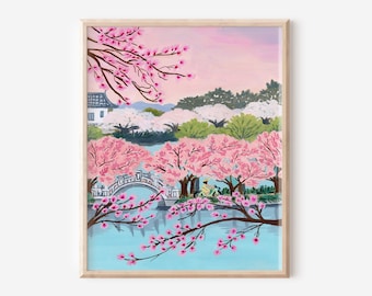 cherry blossom art, cherry blossom painting, colorful travel art, korea art, bike art, bike riding art, south korea art, colorful vacation