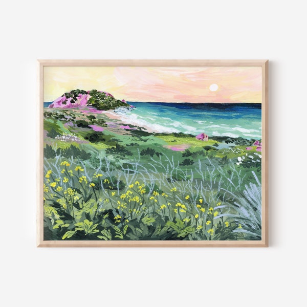 california beach landscape, colorful travel art, california painting, big sur painting, beach sunset illustration, colorful landscape