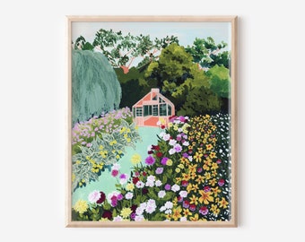 Colorful garden art, dahlia art, greenhouse art, lush garden, poppy painting, dahlia art print, garden art print, yellow floral painting